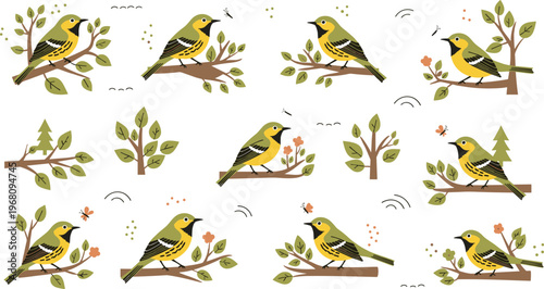 Yellow songbirds on branches collection with small birds wildlife nature foliage perched avian and detailed illustration set