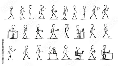 A series of stick figures illustrating various business and office activities in a simple black and white style