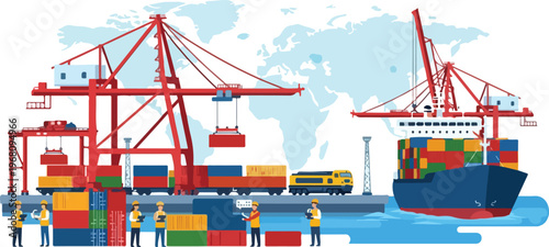 Global Shipping and Logistics Containers, Cranes, and Cargo Ships at a Busy Port