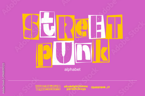 Raw punk rock grunge alphabet with distressed texture, perfect for rebellious streetwear, band posters, and edgy branding.