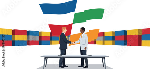 International Business Agreement Two businessmen shaking hands in front of shipping containers symbolizing global trade and logistics