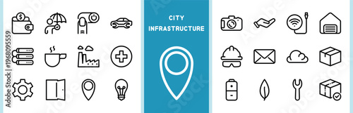 Modern city infrastructure line icons for urban development and municipal services