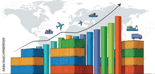 Global shipping logistics and trade growth represented by containers, ships, trucks, and planes on a world map