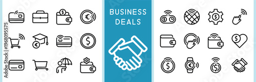 Minimalist business deals and financial transactions vector line icon set