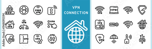 Vector line icon set for secure VPN connection and private network