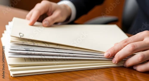 A person in a business setting holding and reviewing a large stack of paperwork documents on a wooden desk