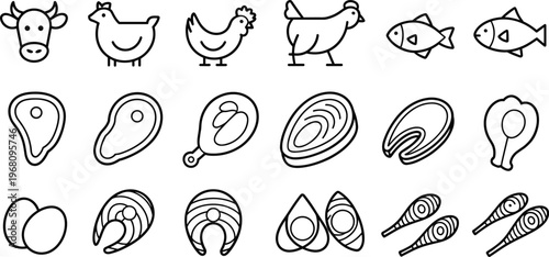 Black and white line art icons of raw meat, poultry, fish, and eggs on a white background Keywords: meat, poultry, fish, eggs