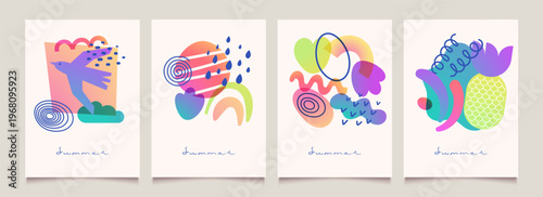 Summer travel postcards or posters.  Set of geometric backgrounds with abstract gradient tropical coastal elements in retro design. Vacation mood. Flat Modern vector illustration.