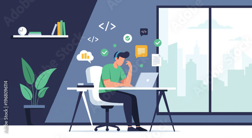 Man sitting at desk with laptop.