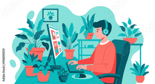 Man wearing headset at desk.