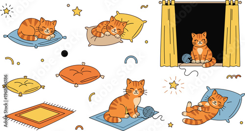 Cute cat home activities icons set with sleeping playing resting cozy scenes cartoon kitten and pet lifestyle illustration