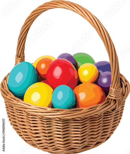 Colorful Easter eggs in wicker basket isolated on white background, festive spring holiday decoration, vibrant painted eggs collection display