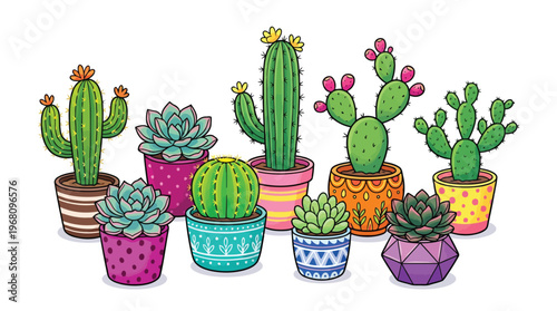A colorful illustration of various cacti and succulents in decorative pots