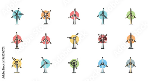 Illustrated collection of wind turbines: A visual representation of renewable energy sources