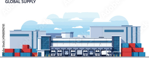 Large distribution warehouse with shipping containers, ready for global supply chain logistics and transportation