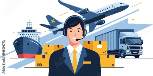 Global Logistics and Shipping Services with a Customer Support Representative and Transport Vehicles