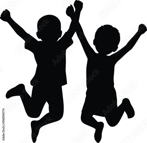 Happy kids jumping silhouette, children celebrating friendship, playful joyful motion, black vector illustration isolated, fun activity concept, energetic childhood moment
