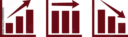 Gráficos de barras financieros en color granate, iconos de tendencia ascendente y descendente, conjunto de 3 vectores de análisis de mercado