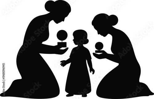Mother giving gift to child silhouette, parenting love care concept, family bonding illustration, nurturing moment, black vector isolated, emotional relationship design