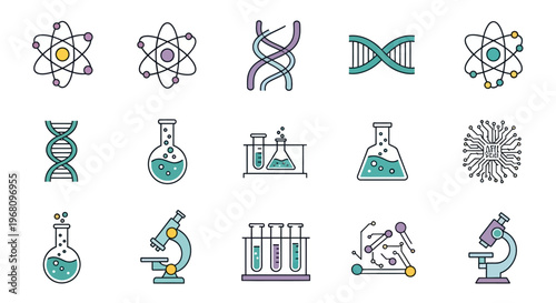 Illustrated scientific symbols representing atoms, dna, flasks, microchips and microscopes