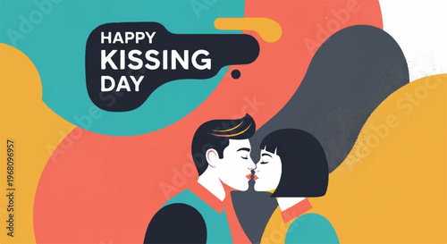 Loving couple kissing on happy kissing day with colorful abstract background and text