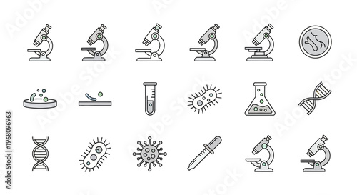 Illustrated scientific icons representing lab equipment and microbiology elements for research
