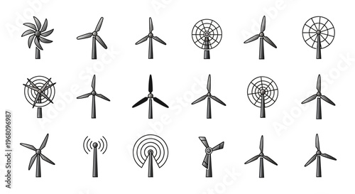 Illustrated Set of Wind Turbines Depicting Alternative Energy Sources and Environmental