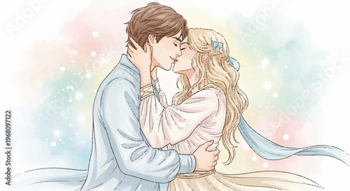 Tender romantic couple sharing a kiss with love and affection in a dreamy soft focus background