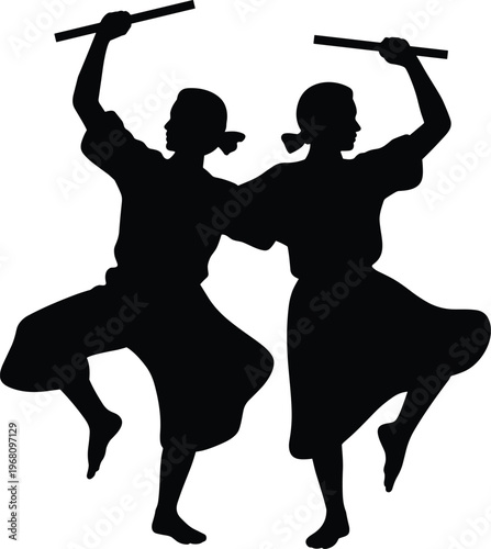 Traditional folk dance silhouette with sticks, cultural performance illustration, rhythmic movement, ethnic celebration concept, black vector isolated, heritage dance activity
