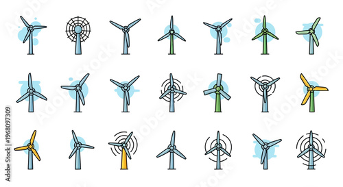 Collection of stylized wind turbine illustrations suitable for renewable energy concepts