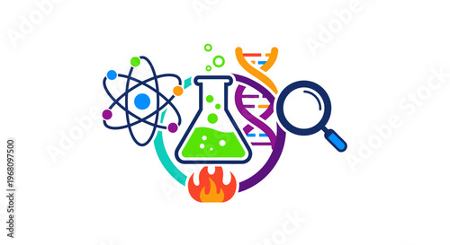 Colorful science illustration featuring atomic structure, dna, flask, magnifying glass and fire