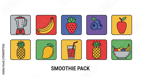 Colorful smoothie ingredients icons and the blender design collection in vector format