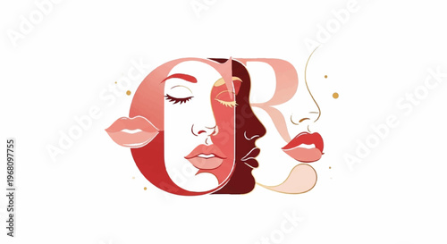 Whimsical faces forming letters lips and eyes in pink hues on white background abstract expressionist art