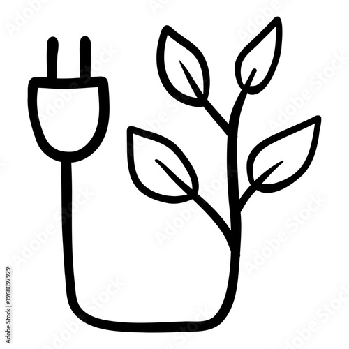 Electric plug with leaf representing green energy and sustainability.