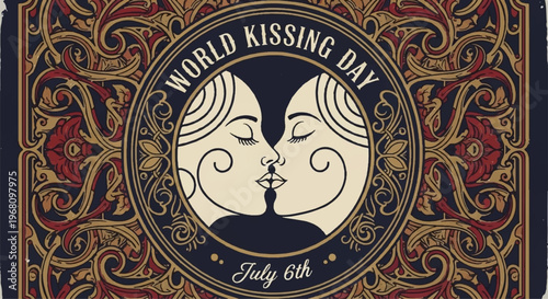 World kissing day illustration with ornate design and couple kissing july 6th celebration