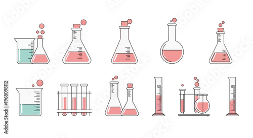 Illustration of Laboratory Glassware: Beakers, Flasks, and Test Tubes for Scientific Research