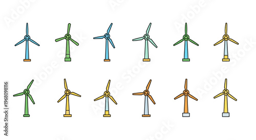 Illustration of multicolored wind turbines representing renewable energy and sustainability concept