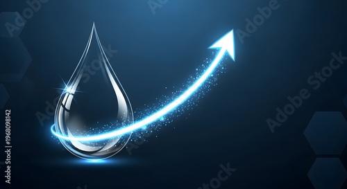 A glowing blue water droplet with an upward trending arrow