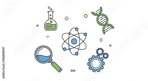 Illustration of scientific concepts including dna, atoms, and laboratory equipment for research