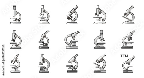 Illustration of various microscope designs for scientific research and educational purposes