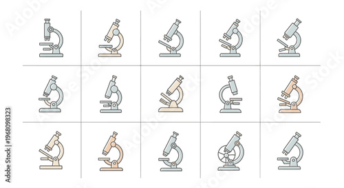 Illustration of various microscope designs and styles against a white backdrop no commas