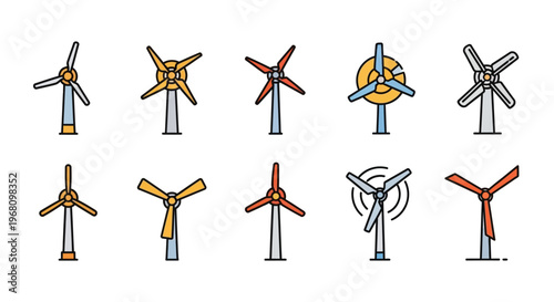 Illustration of various wind turbines showcasing renewable energy technology for clean power