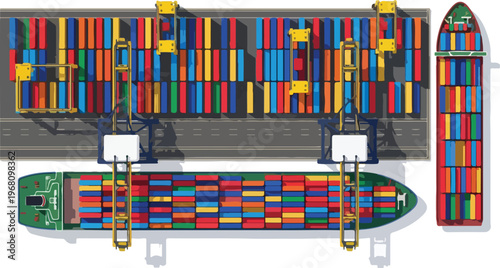 Aerial view of a container ship being loaded and unloaded at a port with cranes