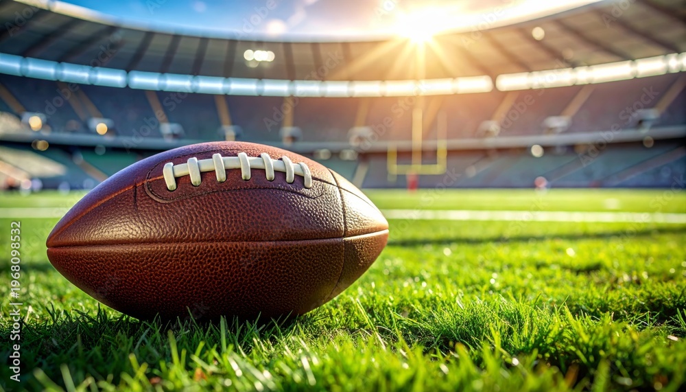 Obraz premium A brown leather american football ball rests on the green grass of an empty stadium field ready for a college sport competition