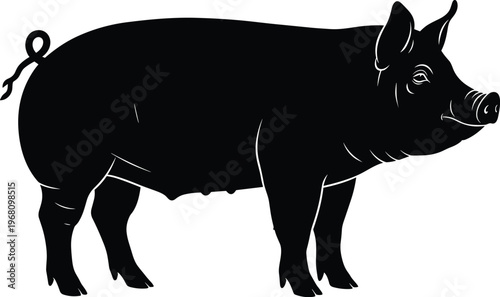 Black pig silhouette vector illustration facing right, curled tail farm animal graphic design for agriculture and livestock themes
