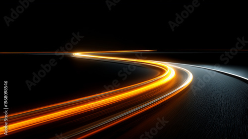 Abstract glowing light trail curving on dark road, long exposure speed motion background, futuristic technology and dynamic energy concept