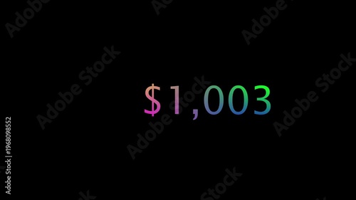 Financial Growth Counter Transition with Colorful Gradient Currency Figures on Black Background