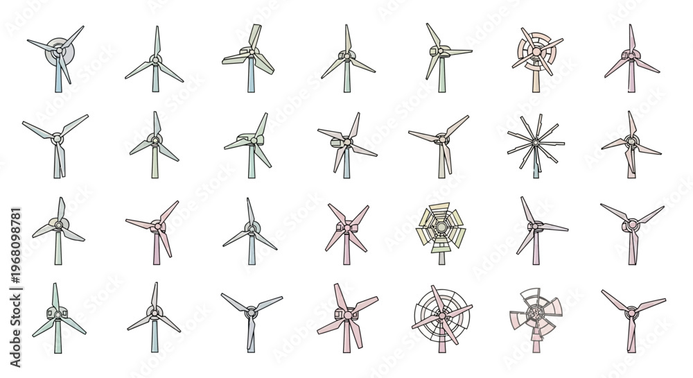 Fototapeta premium Illustrated Compilation of Wind Turbine Designs for Renewable Energy Production