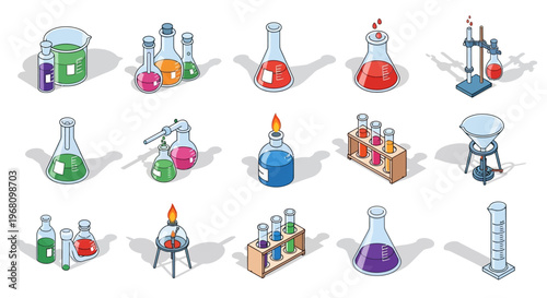 Illustrated chemical glassware and equipment for laboratory science and research.