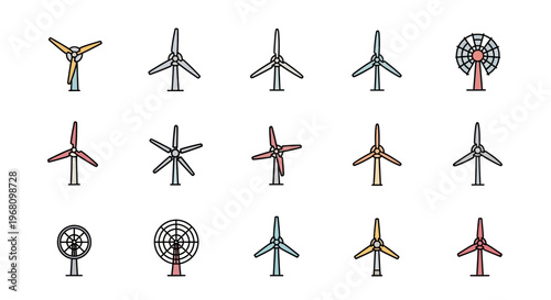 Illustrated Collection of Various Wind Turbine Designs Representing Renewable Energy Sources